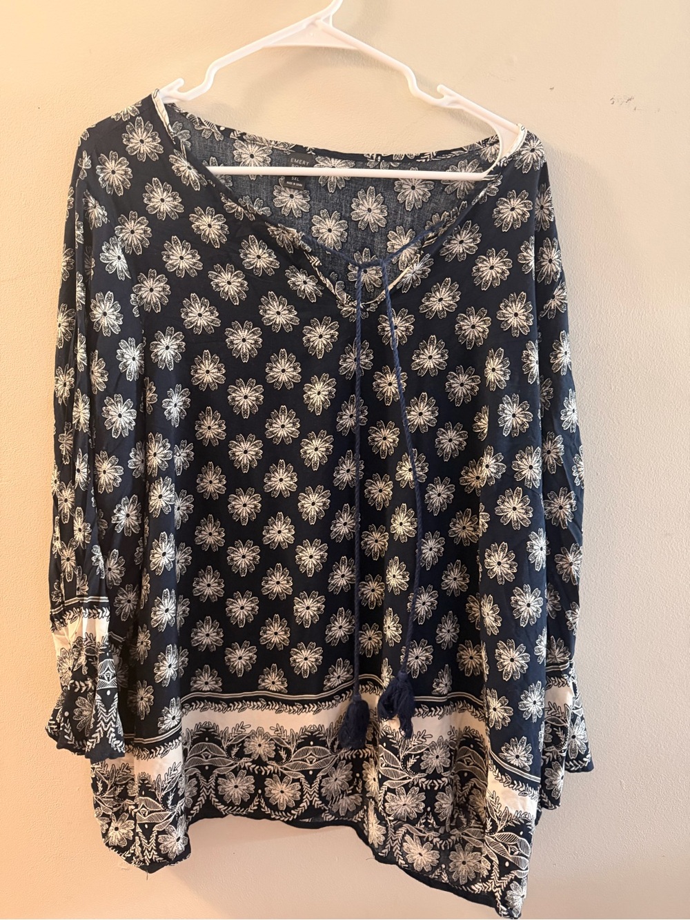 Boho Tie-Front Floral Tunic in Navy